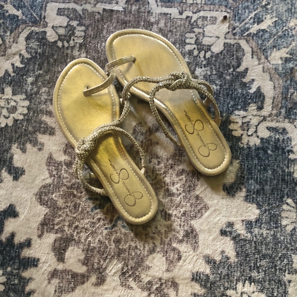 Jessica Simpson Gold Beaded T-Strap Sandals